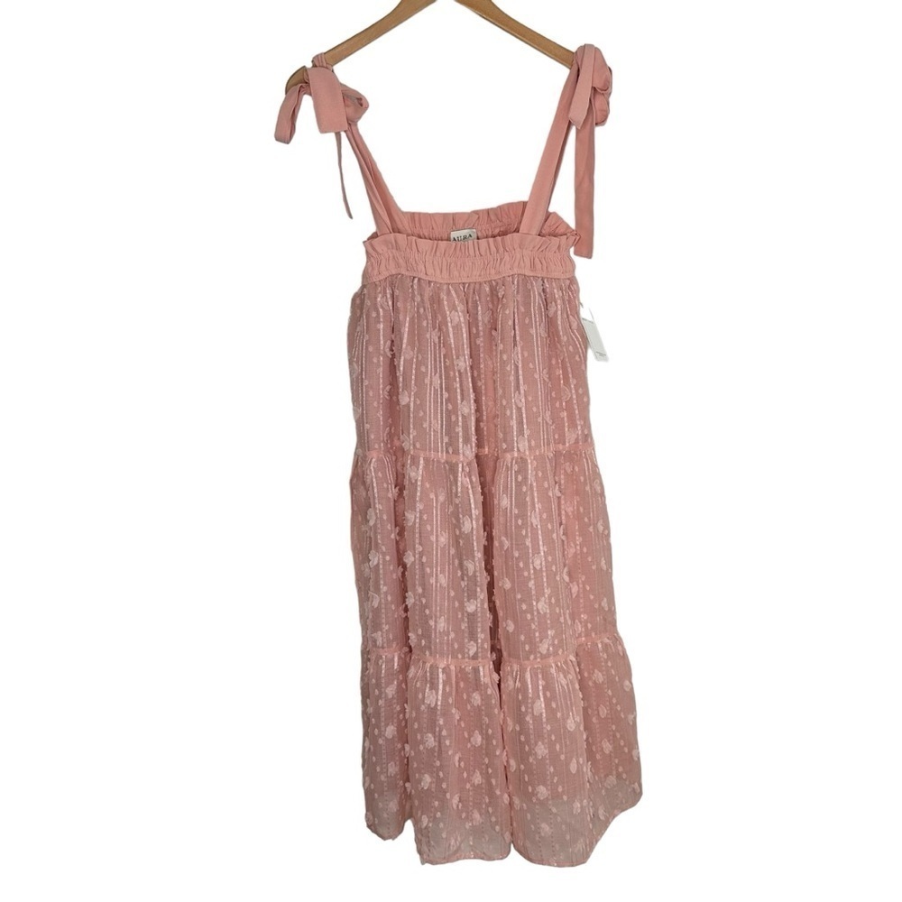 AURA Women Tiered Textured Sleeveless A Line Dress Sz Small Pink Lined Tie Traps